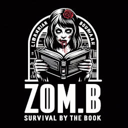 Logo for Zom_B blog, depicting a monochrome female zombie with a red rose in her hair, reading a book. The name 'ZOM_B' is emblazoned in large letters above, with 'SURVIVAL BY THE BOOK' in smaller text below.